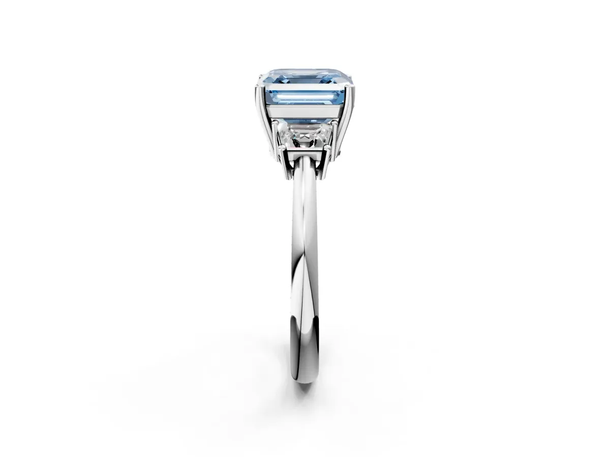 Fancy Blue Asscher Cut Diamond Three-Stone Ring with Trapezoid Side Stones and Prong Setting Silver
