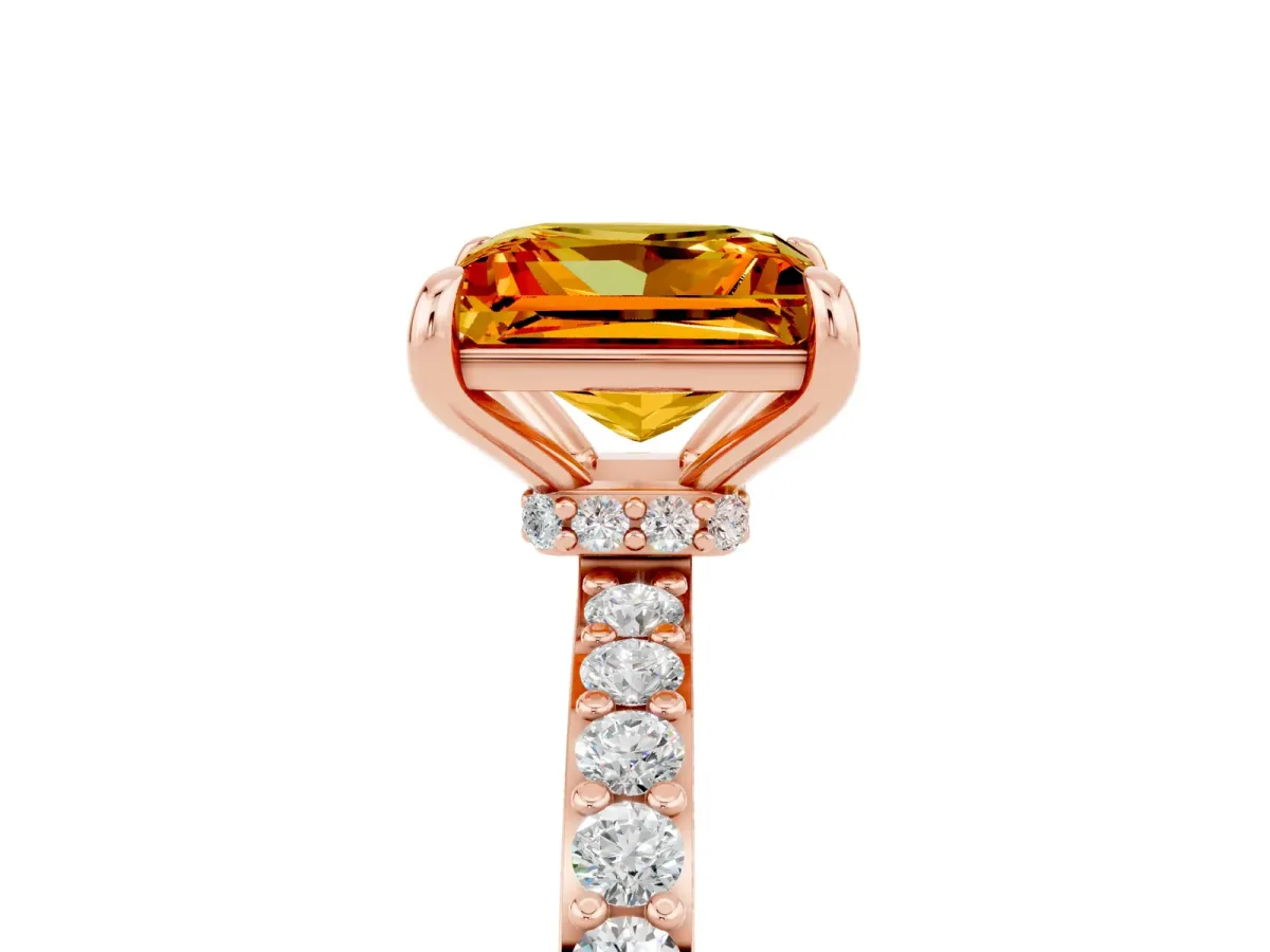 Princess Cut Citrine Solitaire Engagement Ring with Pavé Band and Four-Prong Setting Rose gold