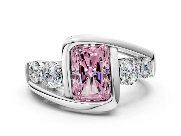 Fancy Pink Bezel Set Radiant Cut Diamond Bypass Ring with Round Accents Platinum