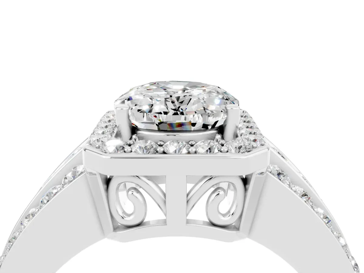 Oval Cut Halo Moissanite Ring with Round Split Shank and Prong Setting Silver