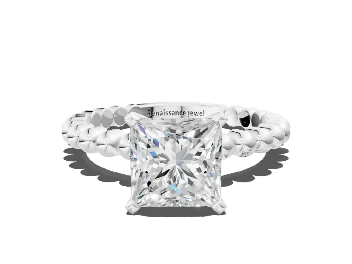 Princess Cut Diamond Solitaire Ring with Beaded Band and Prong Setting Silver