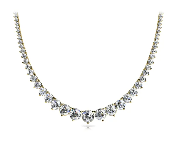 Round Cut Brilliant Graduated Diamond Tennis Necklace with Four-Prong Setting Yellow gold