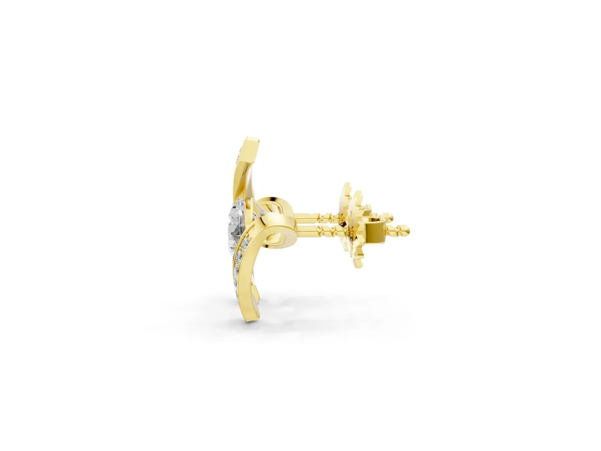 Round Diamond Curve Wave Stud Earrings Yellow gold