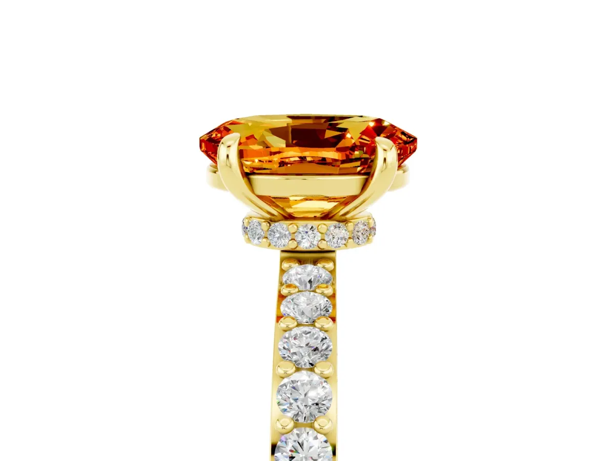 Oval Cut Citrine Solitaire Engagement Ring with Pavé Band and Four-Prong Setting Yellow gold