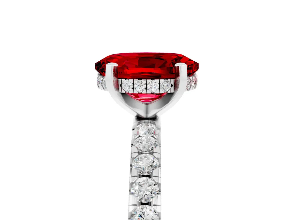 Oval Cut Ruby Solitaire Ring with Round Pavé Band and Four-Prong Setting White gold