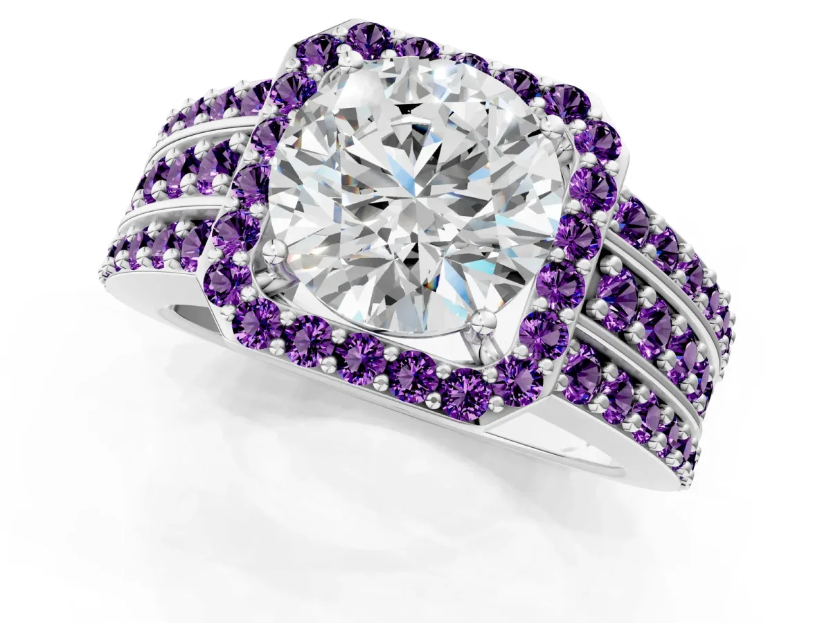 Round Cut Halo Diamond Ring with Round Tanzanite Split Shank and Prong Setting Silver