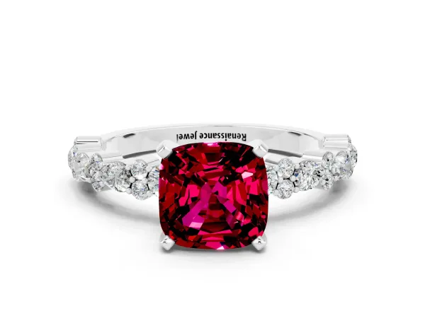 Cushion Cut Garnet Side Stone Solitaire Ring with Round and Four-Prong Setting Platinum
