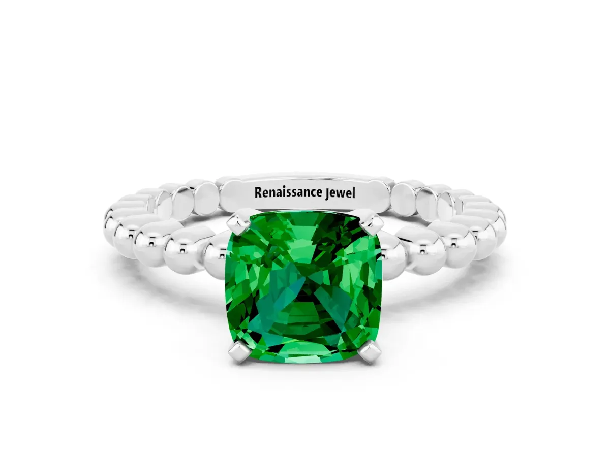 Cushion Cut Emerald Solitaire Ring with Beaded Band and Prong Setting Silver