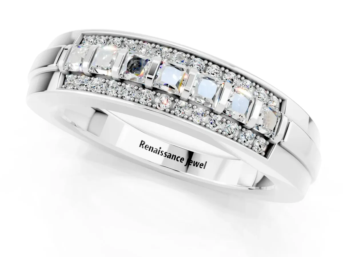 Bar-Set Princess Cut Moissanite Pavé Band Silver