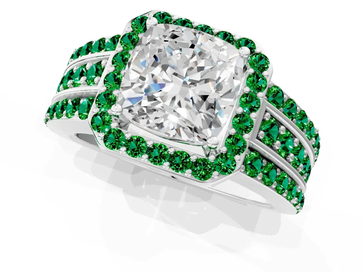 Cushion Cut Halo Diamond Ring with Round Emerald Split Shank and Prong Setting Silver