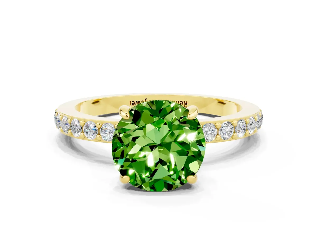Round Cut Peridot Solitaire Engagement Ring with Pavé Band and Four-Prong Setting Yellow gold