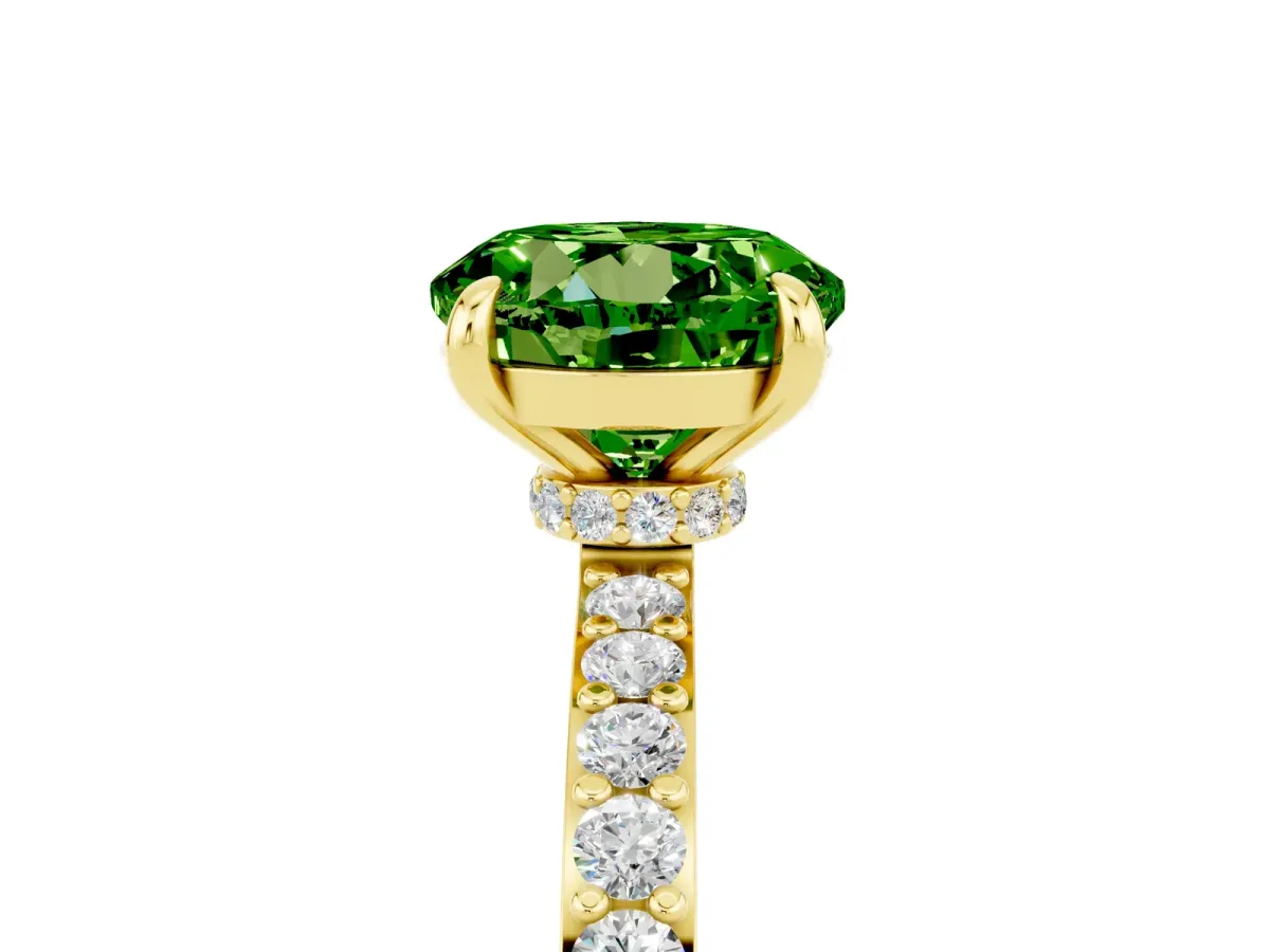 Round Cut Peridot Solitaire Engagement Ring with Pavé Band and Four-Prong Setting Yellow gold