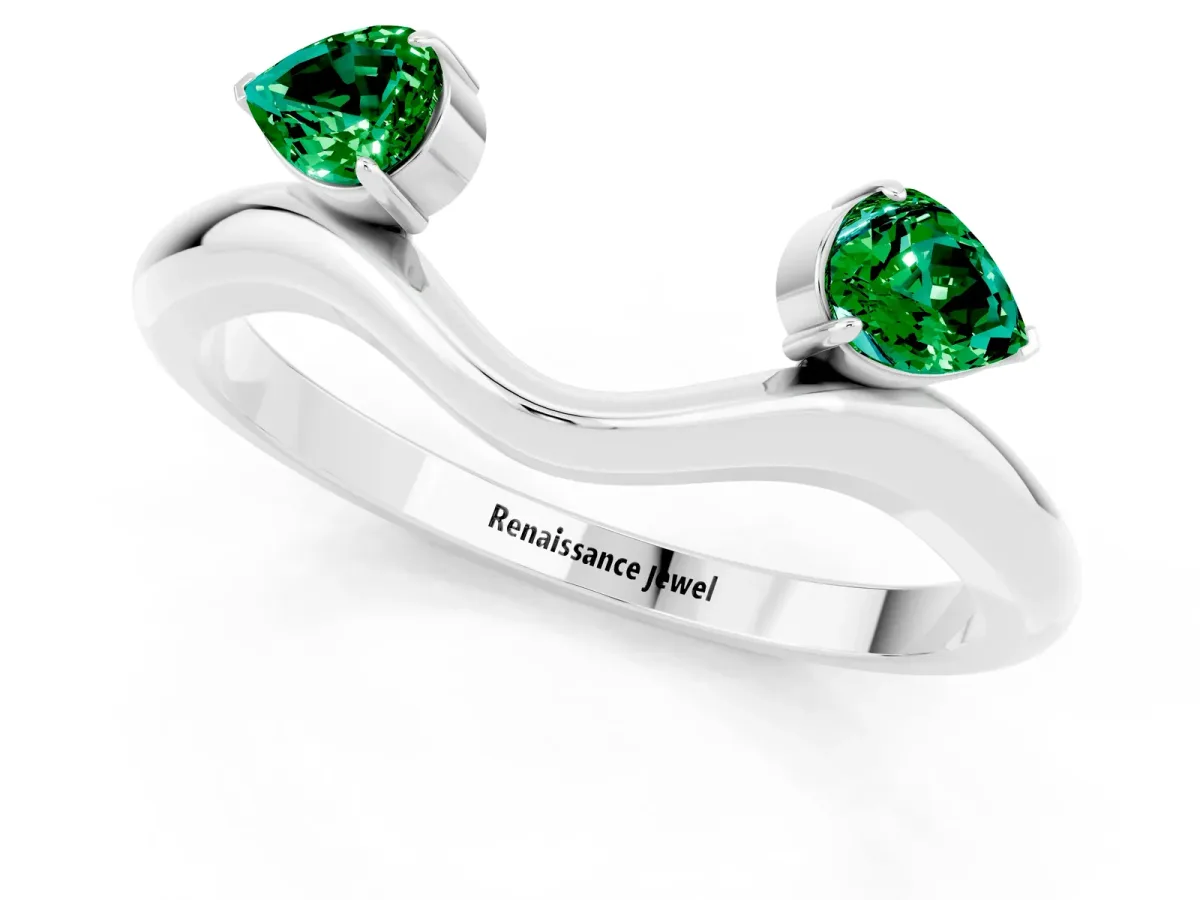 Pear Cut Emerald Two-Stone Open Band Ring with Prong Setting Platinum
