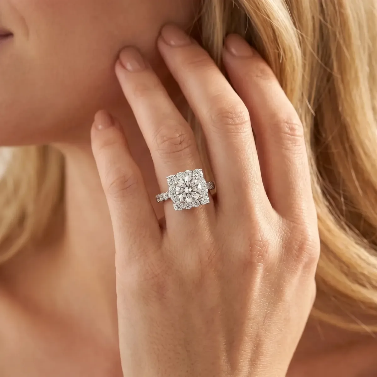 Halo Round Cut Diamond Pave Band Prong Setting Ring Silver