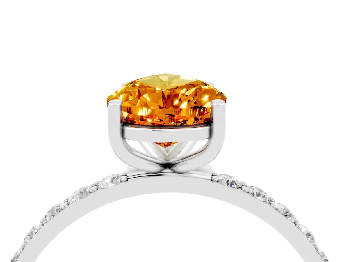 Pear Cut Citrine Solitaire Ring with Round Pavé Band and Prong Setting Platinum