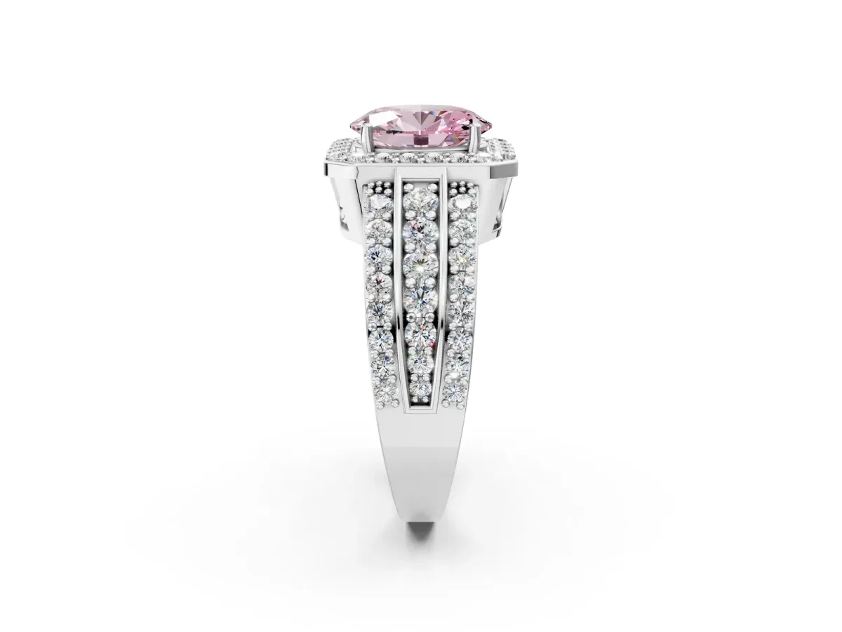 Fancy Pink Oval Cut Halo Diamond Ring with Round Split Shank and Prong Setting Silver