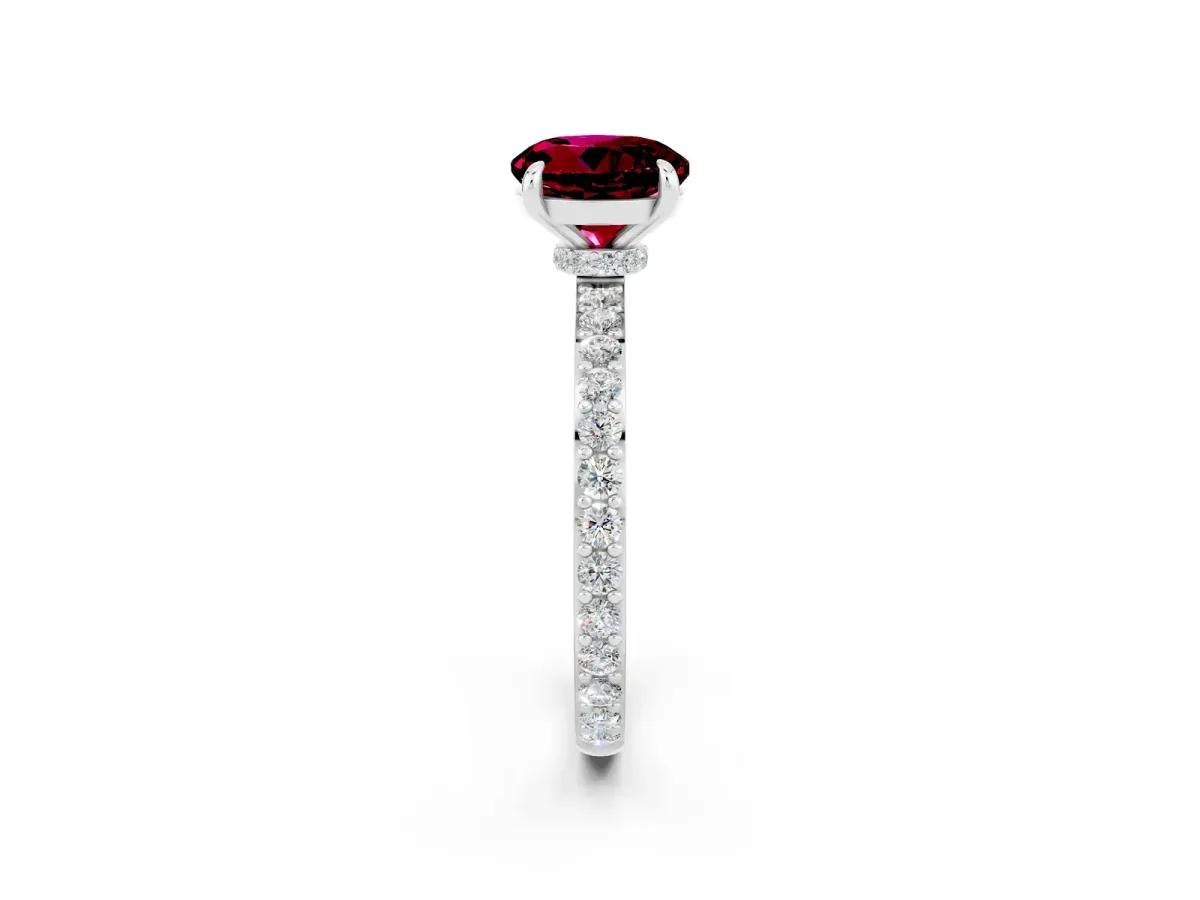 Round Cut Garnet Solitaire Engagement Ring with Pavé Band and Four-Prong Setting Platinum