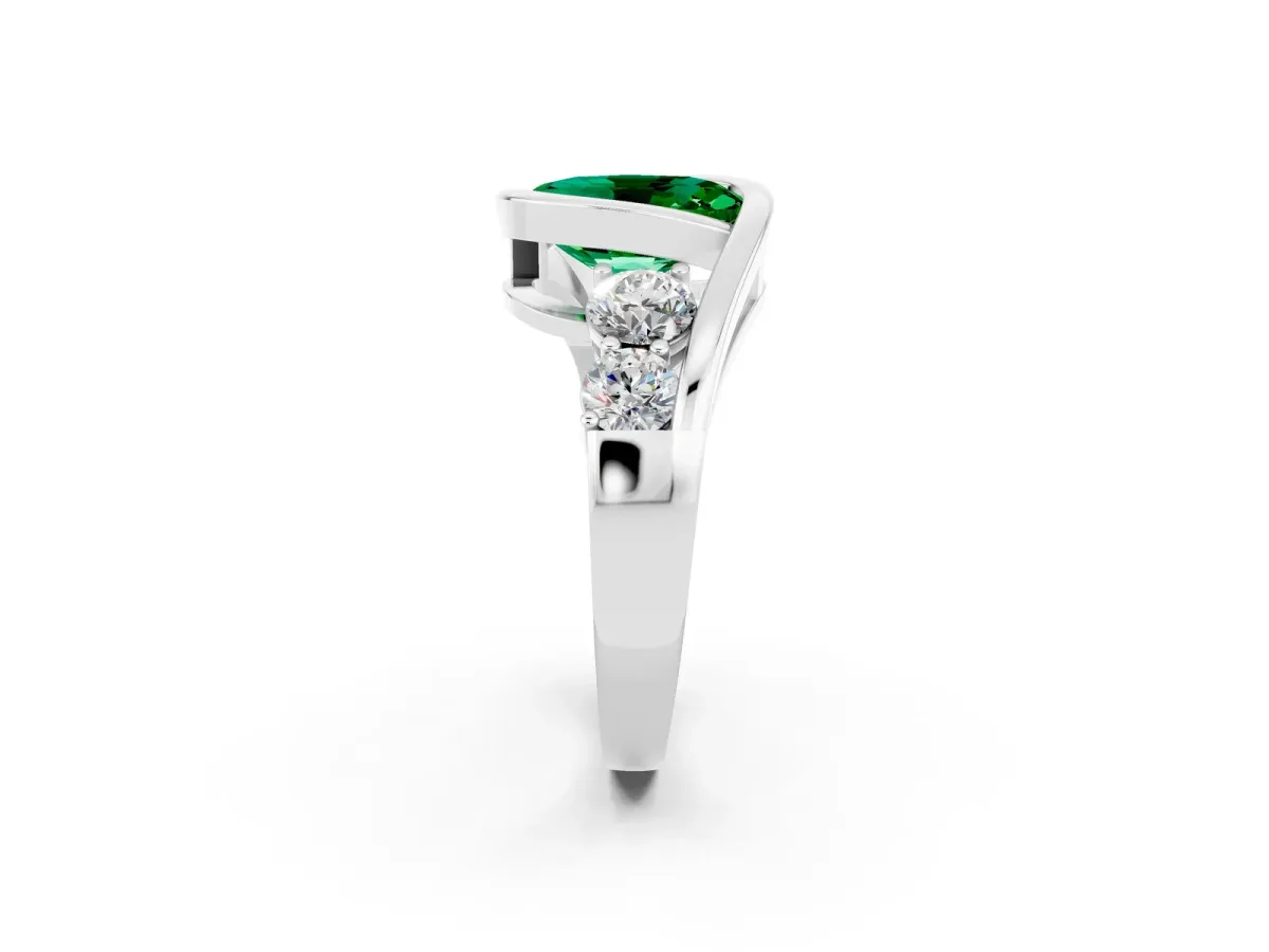 Bezel Set Oval Cut Emerald Bypass Ring with Round Accents Platinum