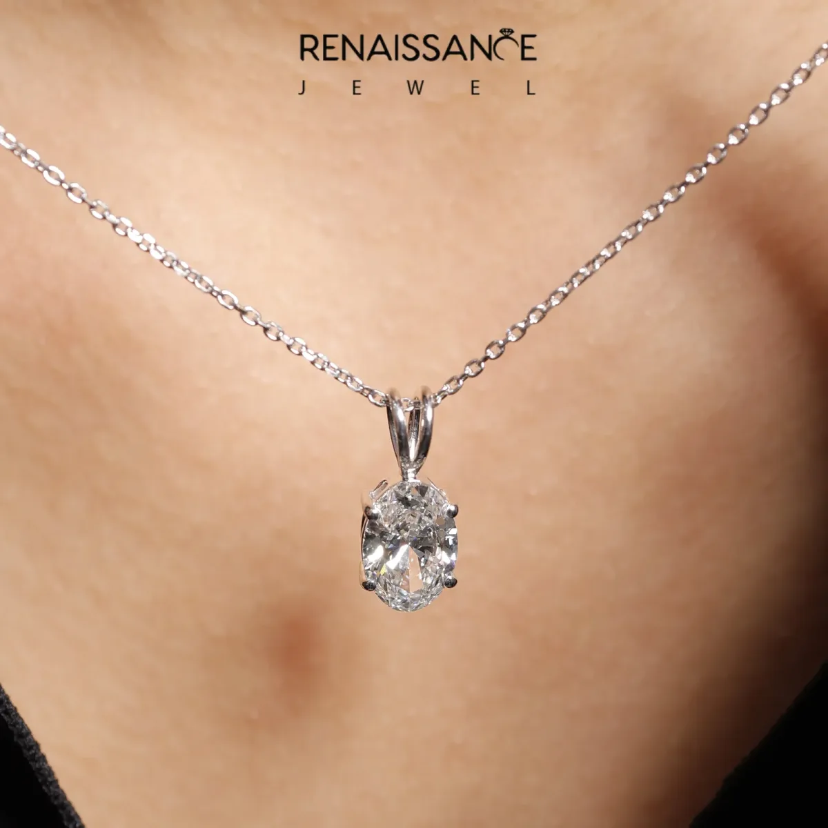 Oval Solitaire Diamond Prong Pendant Silver