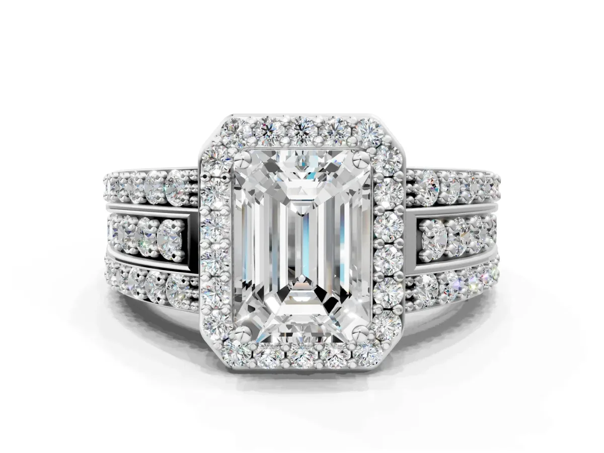 Emerald Cut Halo Diamond Ring with Round Split Shank and Prong Setting Silver