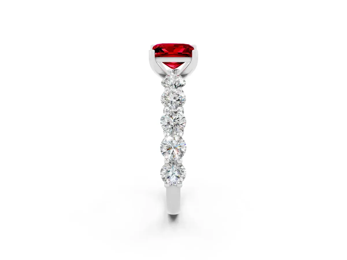 Princess Cut Ruby Prong Setting with Side Stones on a Pave Band Platinum