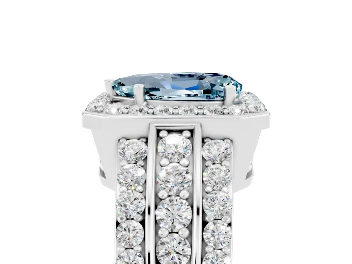 Pear Cut Halo Aquamarine Ring with Round Split Shank and Prong Setting Silver