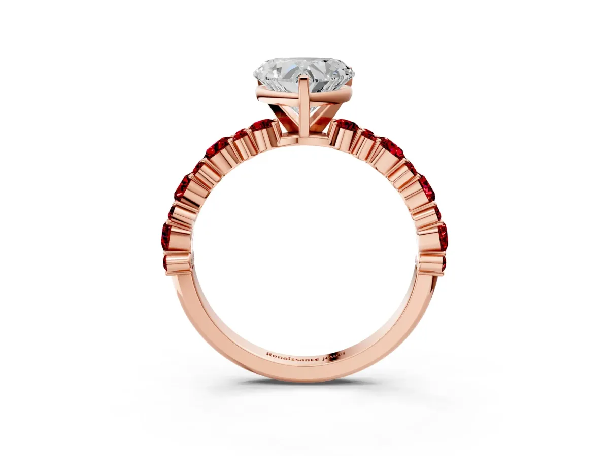 Heart Cut Diamond Side Stone Solitaire Ring with Round Ruby and Four-Prong Setting Rose gold