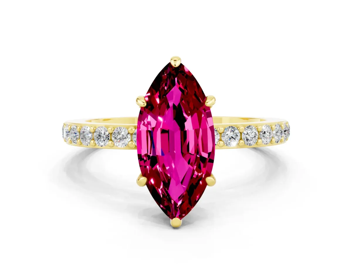 Marquise Cut Garnet Solitaire Engagement Ring with Pavé Band and Four-Prong Setting Yellow gold