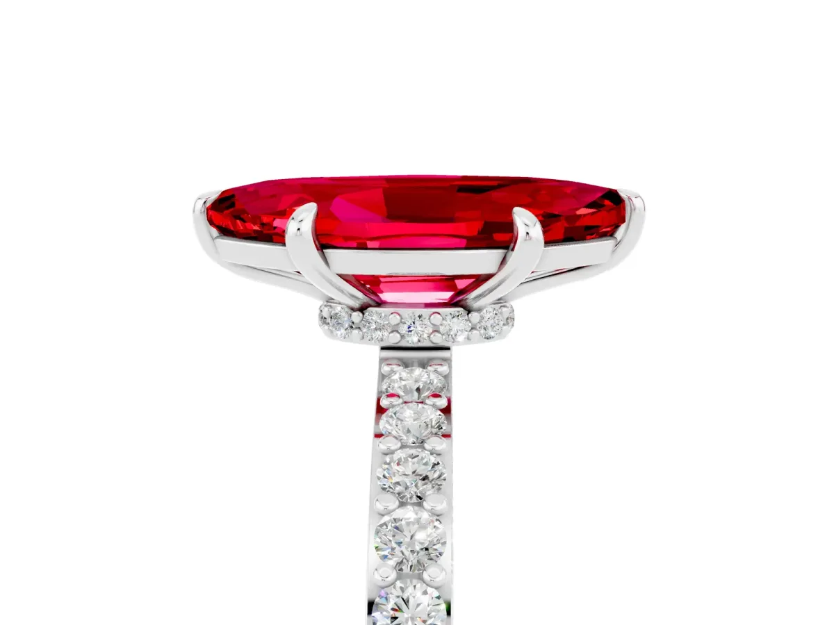 Marquise Cut Ruby Solitaire Engagement Ring with Pavé Band and Four-Prong Setting Platinum