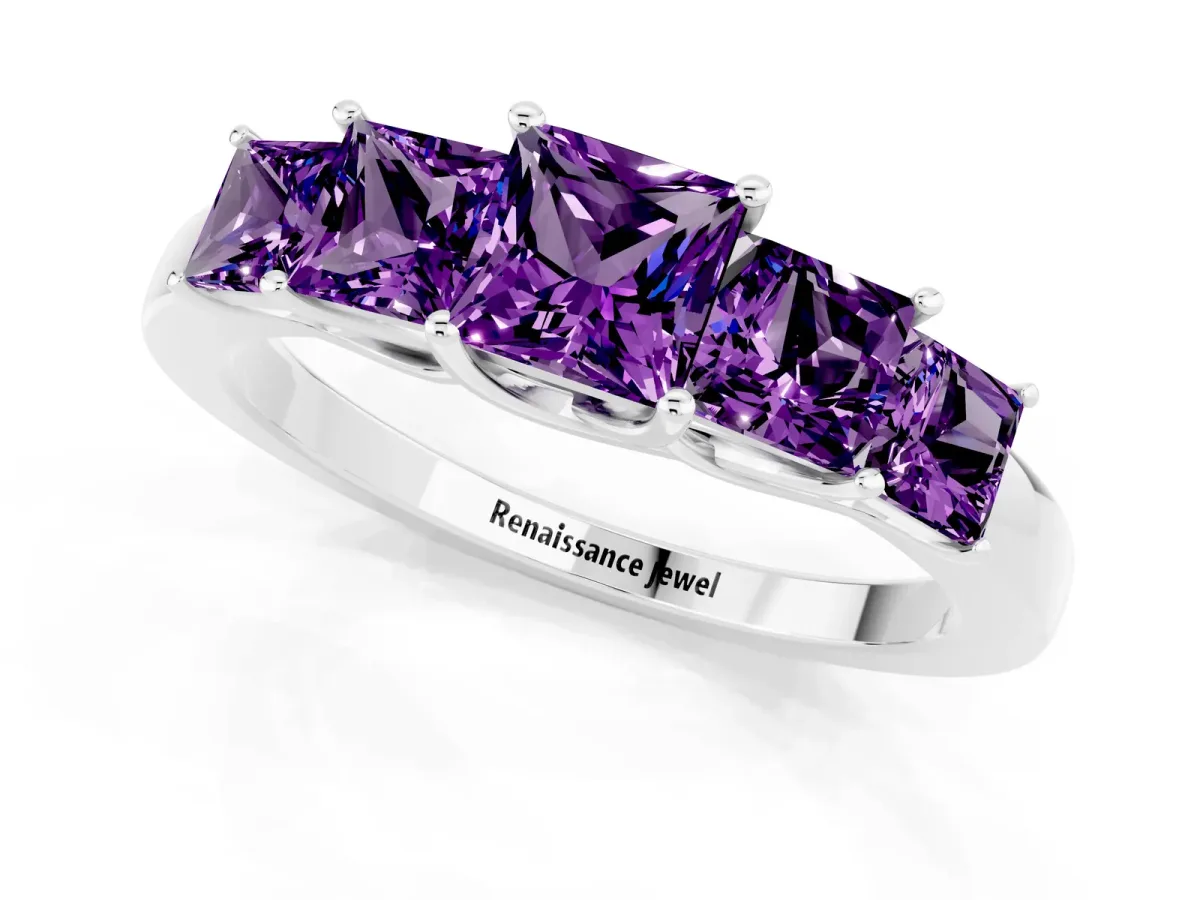 Princess Cut Five-Stone Amethyst Ring with Classic Prong Setting Silver