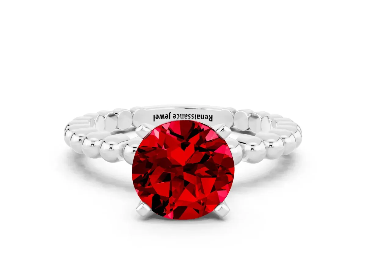 Round Cut Ruby Solitaire Ring with Beaded Band and Prong Setting White gold