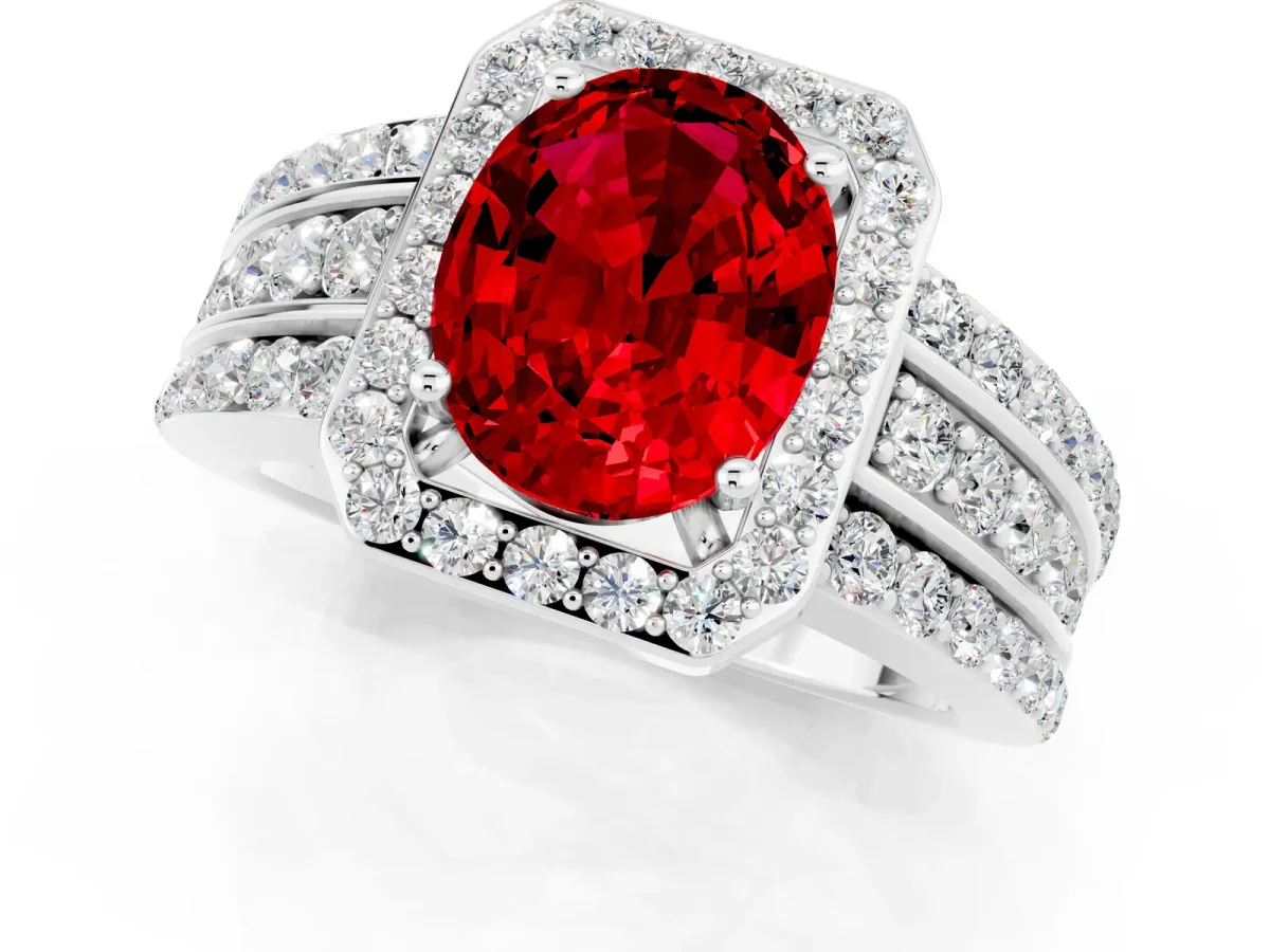 Oval Cut Halo Ruby Ring with Round Split Shank and Prong Setting Platinum