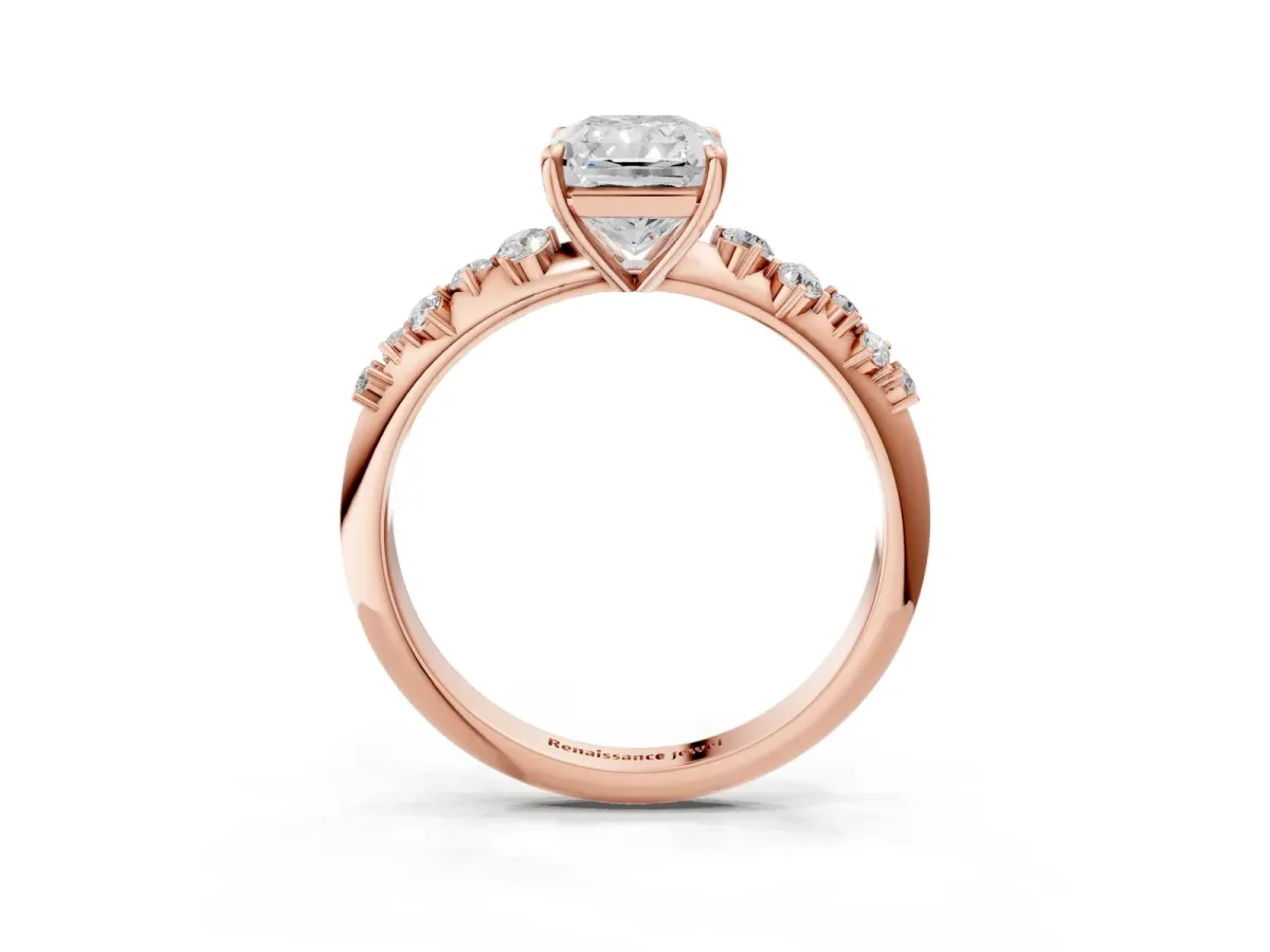 Radiant Cut Diamond Cluster Side Stone Solitaire Ring with Prong Setting Rose gold