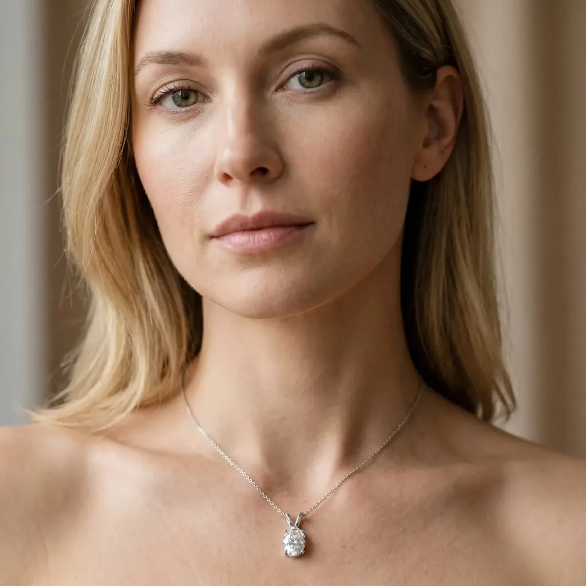 Oval Solitaire Diamond Prong Pendant Silver