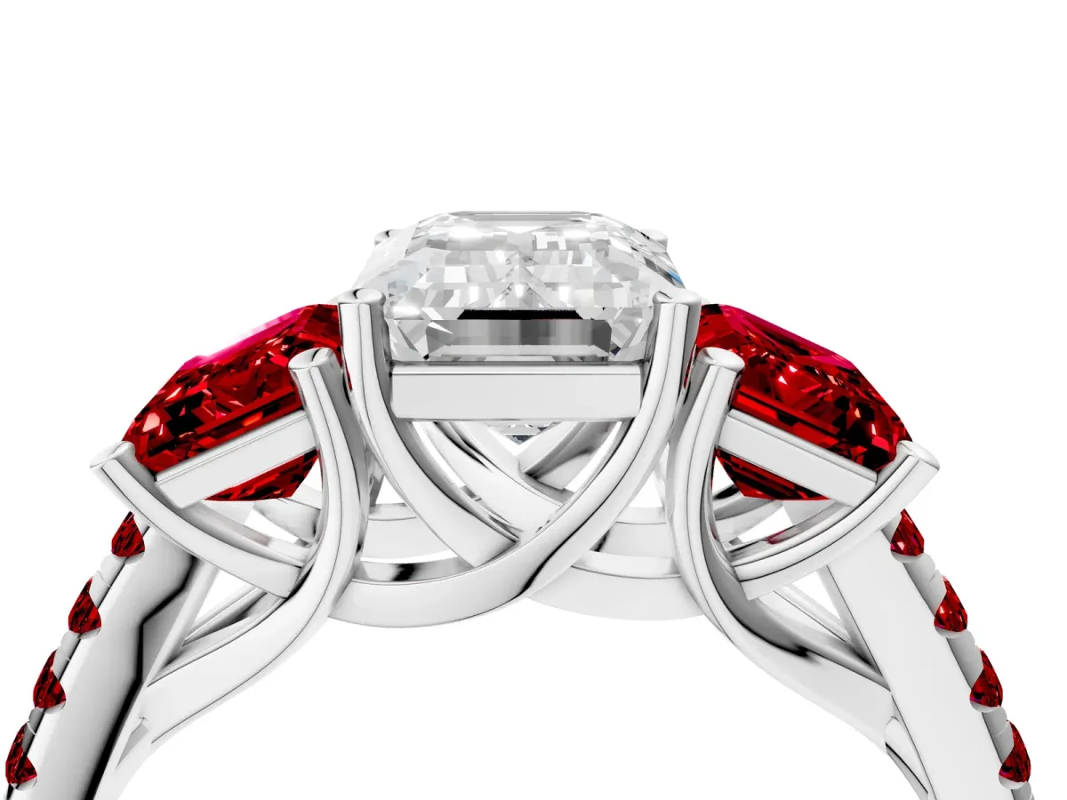 Three-Stone Emerald Cut Diamond Ring with Round Ruby Pavé Band and Prong Setting Silver