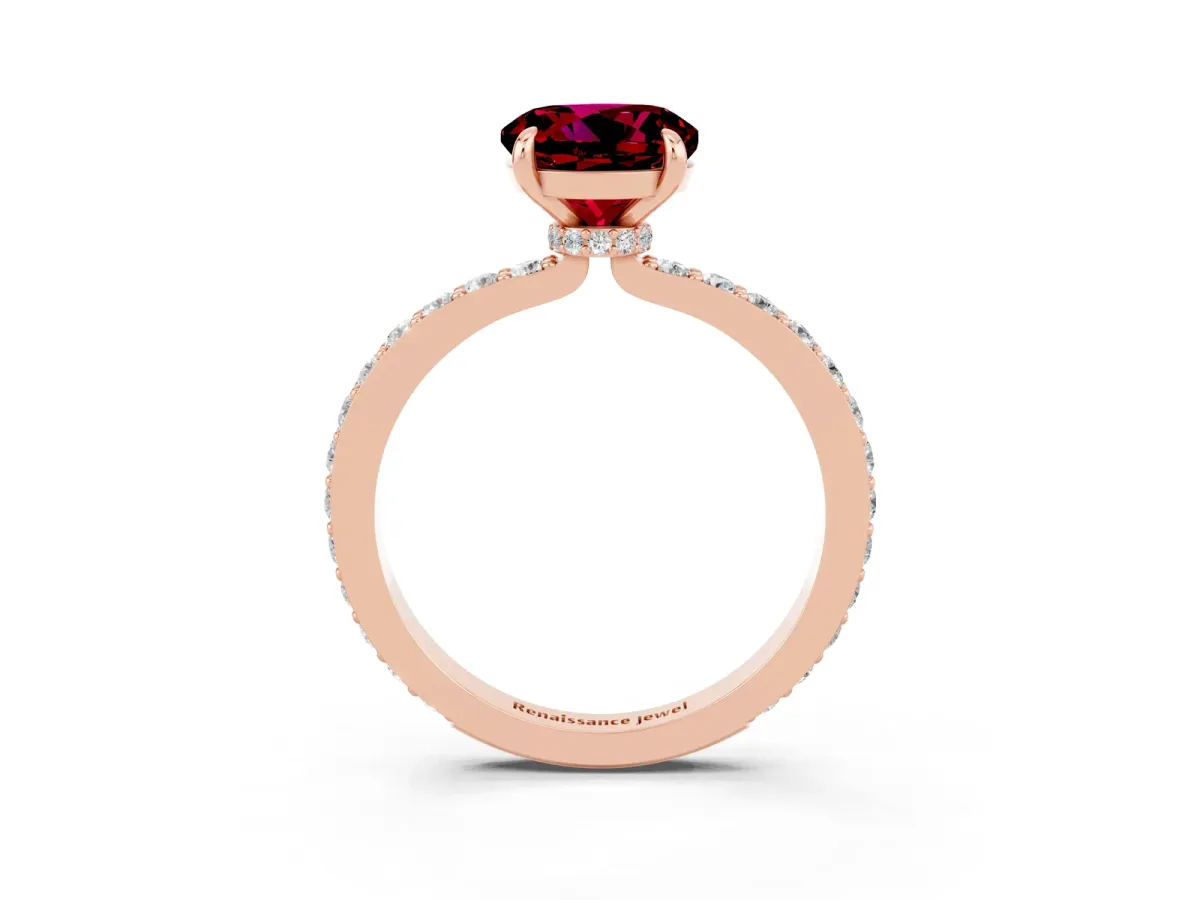 Round Cut Garnet Solitaire Engagement Ring with Pavé Band and Four-Prong Setting Rose gold