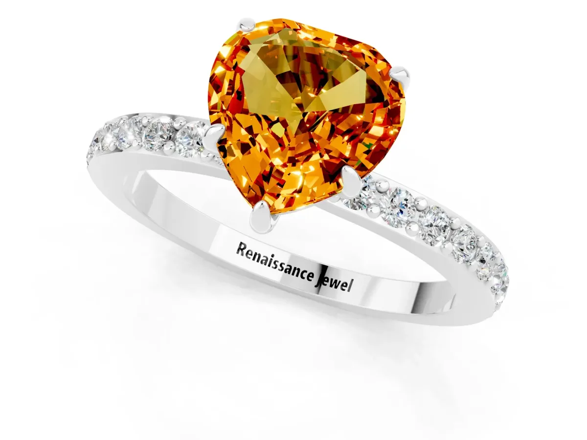 Heart Cut Citrine Solitaire Engagement Ring with Pavé Band and Four-Prong Setting Platinum