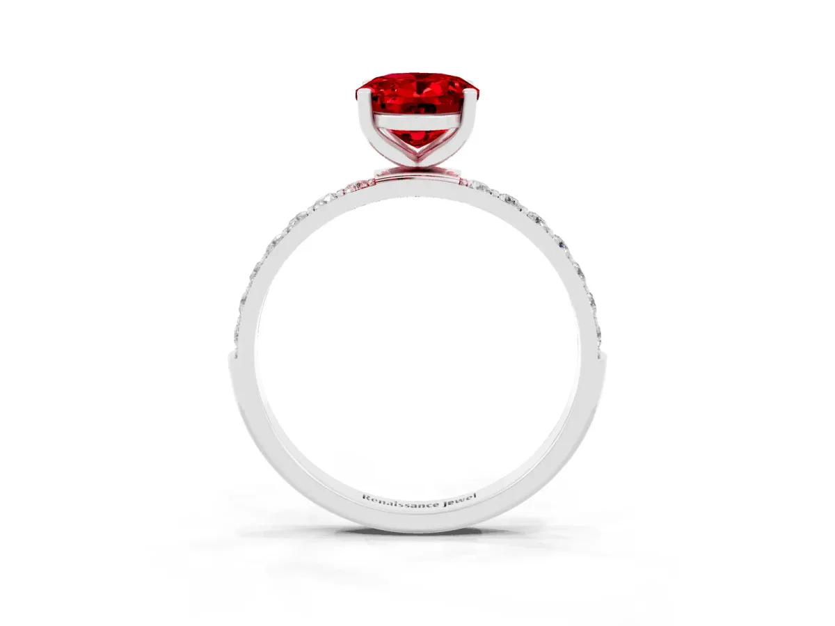 Oval Cut Ruby Solitaire Ring with Round Pavé Band and Prong Setting Silver