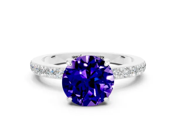 Round Cut Tanzanite Solitaire Engagement Ring with Pavé Band and Four-Prong Setting Platinum