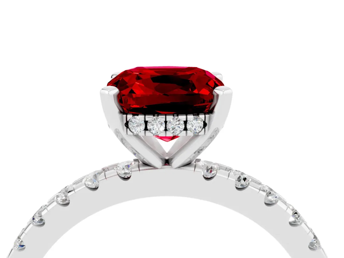 Cushion Cut Ruby Solitaire Ring with Round Pavé Band and Four-Prong Setting Silver