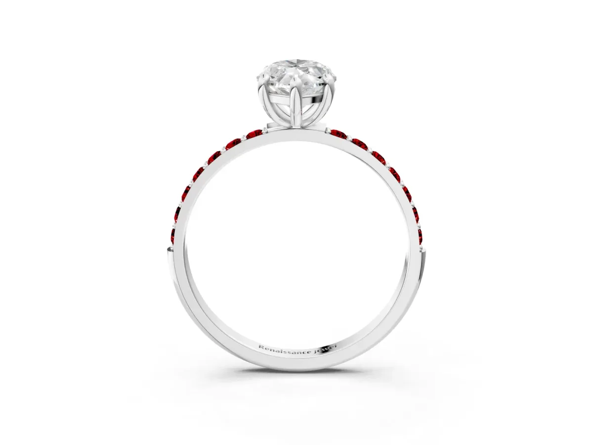 Marquise Cut Diamond Solitaire Ring with Round Ruby Pavé Band and Prong Setting Silver