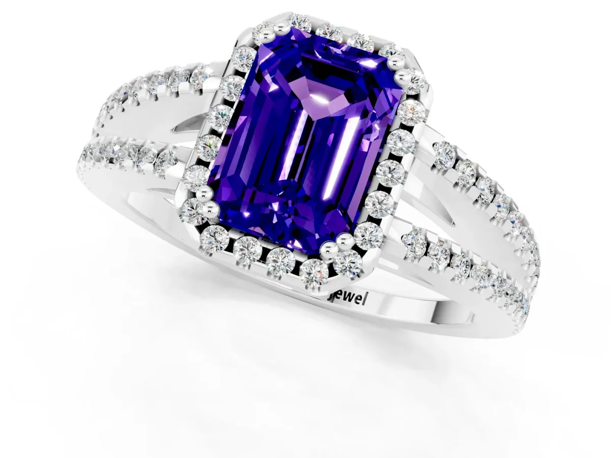 Emerald Cut Tanzanite Halo Split Shank Engagement Ring Platinum