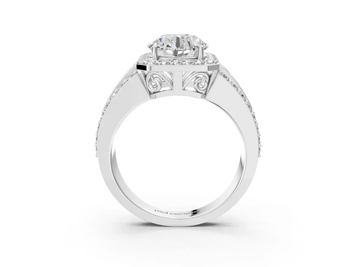 Round Cut Halo Diamond Ring with Round Split Shank and Prong Setting Platinum