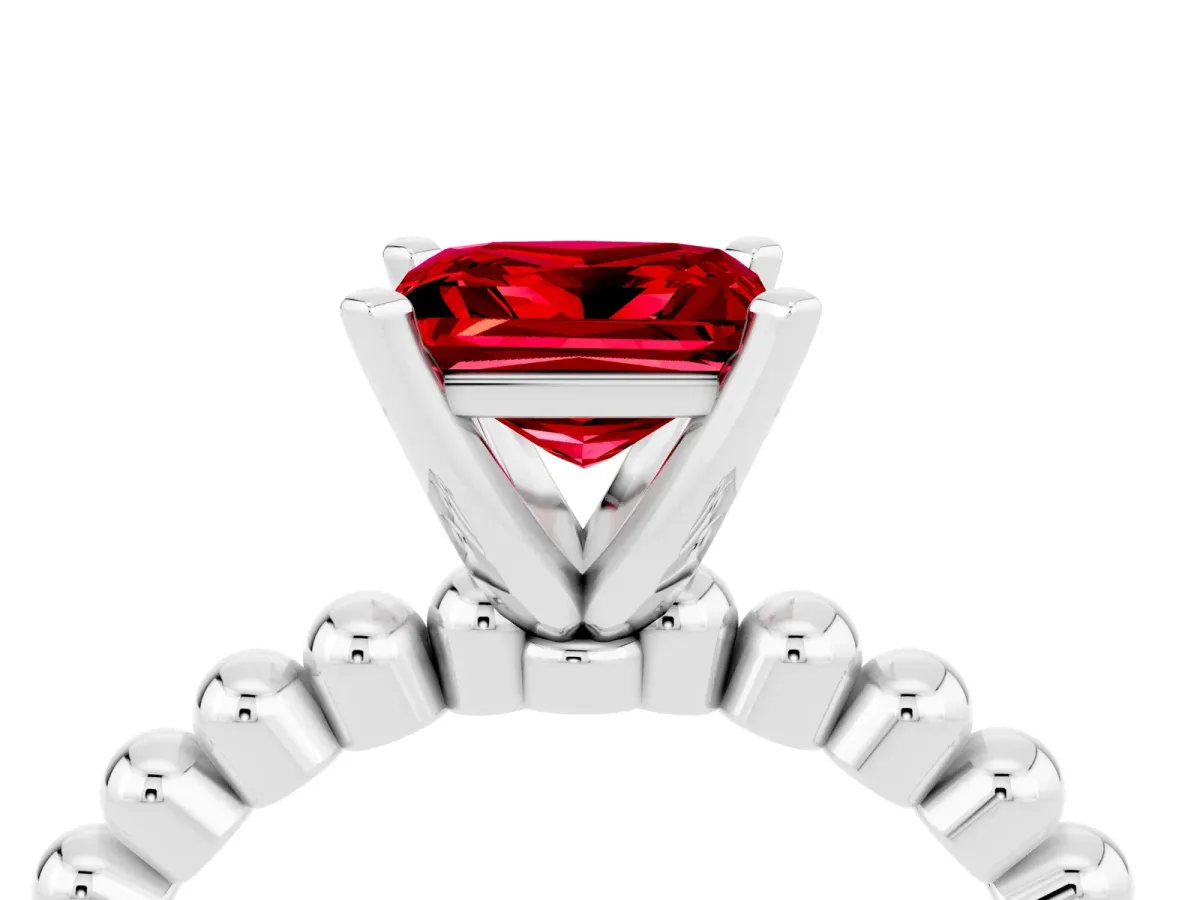 Princess Cut Ruby Solitaire Ring with Beaded Band and Prong Setting Silver