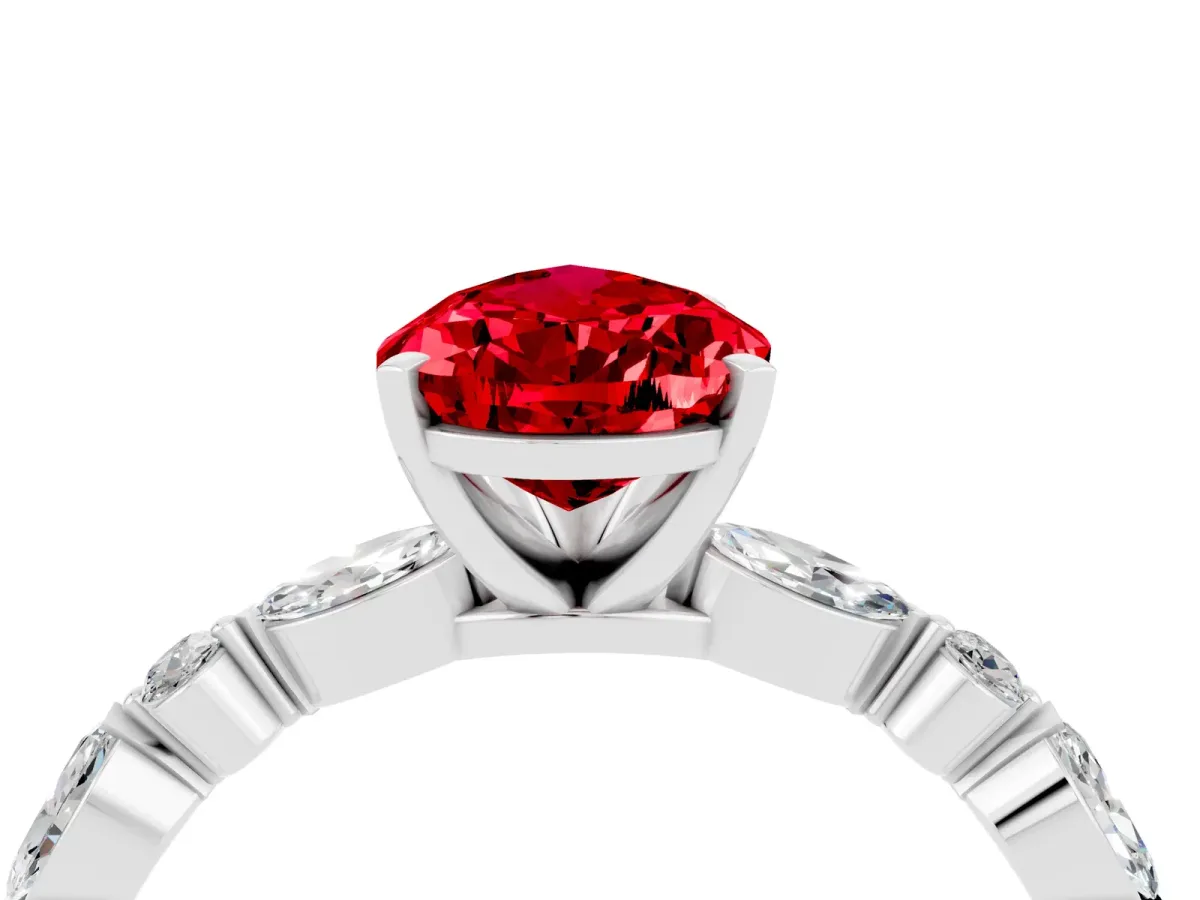 Pear Cut Ruby Ring with Marquise and Round Side Stones and Four-Prong Setting Platinum
