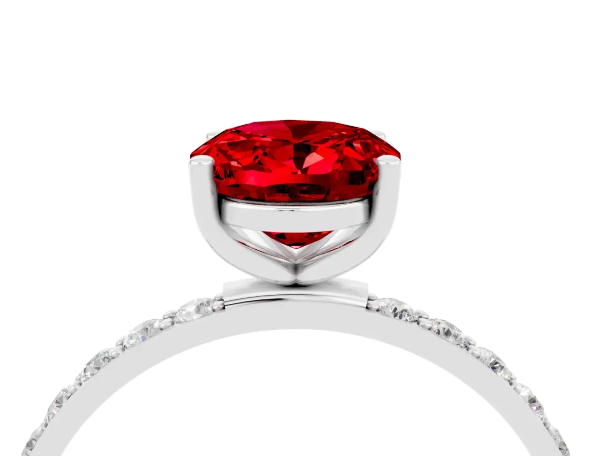 Oval Cut Ruby Solitaire Ring with Round Pavé Band and Prong Setting Silver