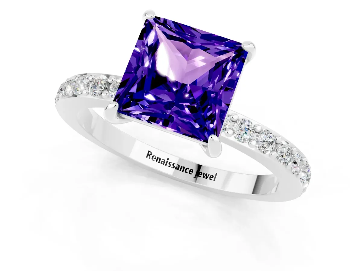 Princess Cut Tanzanite Solitaire Engagement Ring with Pavé Band and Four-Prong Setting White gold