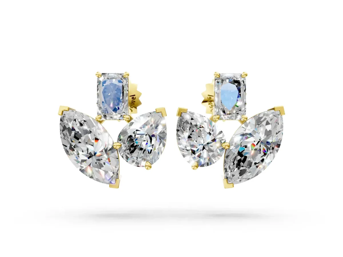 Emerald, Marquise and Pear Diamond Mosaic Three Stone Fan Earrings Yellow gold