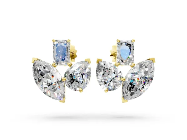 Emerald, Marquise and Pear Diamond Mosaic Three Stone Fan Earrings Yellow gold