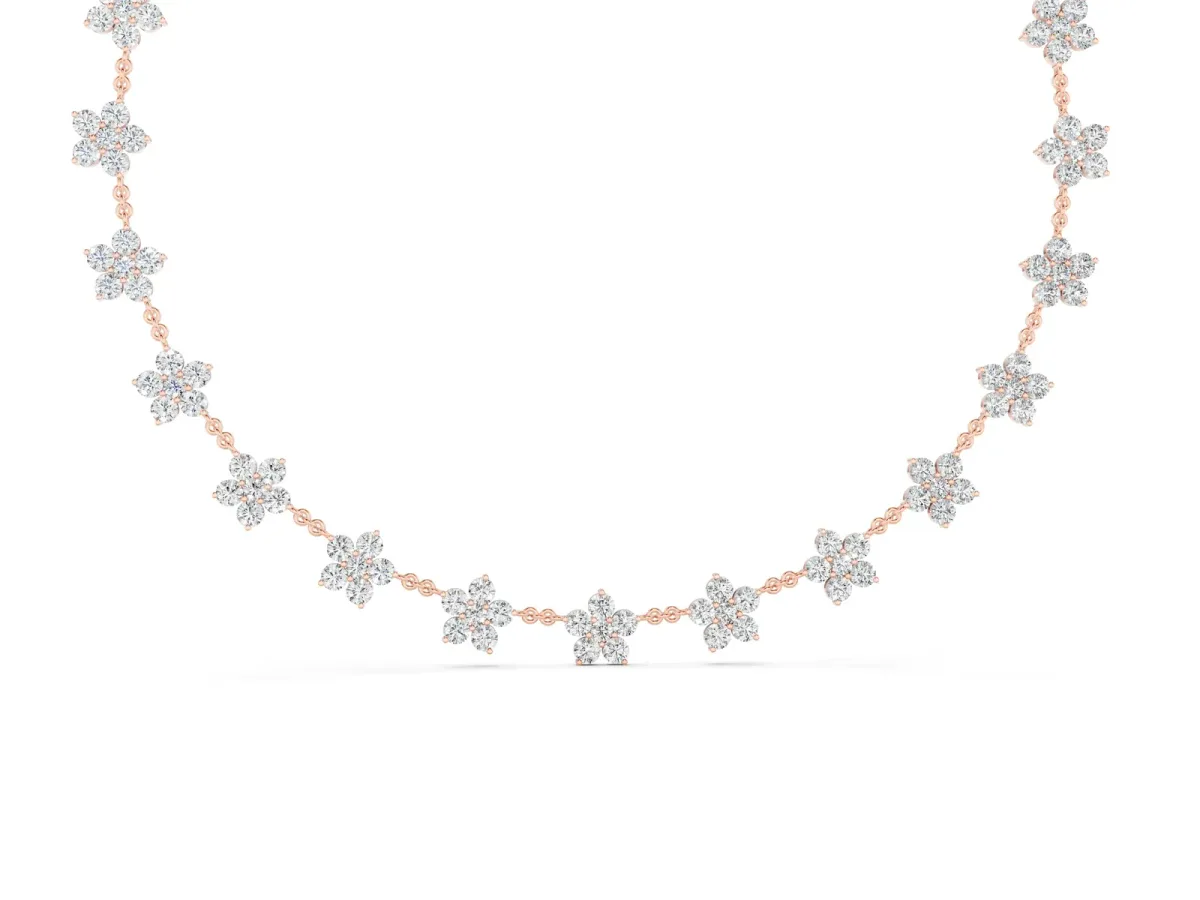 Round Diamond Floral Station Necklace with Diamond Accents Rose gold